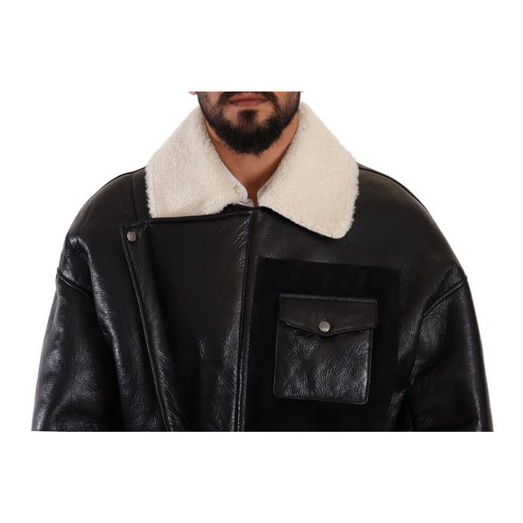 Dolce & Gabbana Black Leather Shearling Biker Coat Jacket - Picture 4 of 6